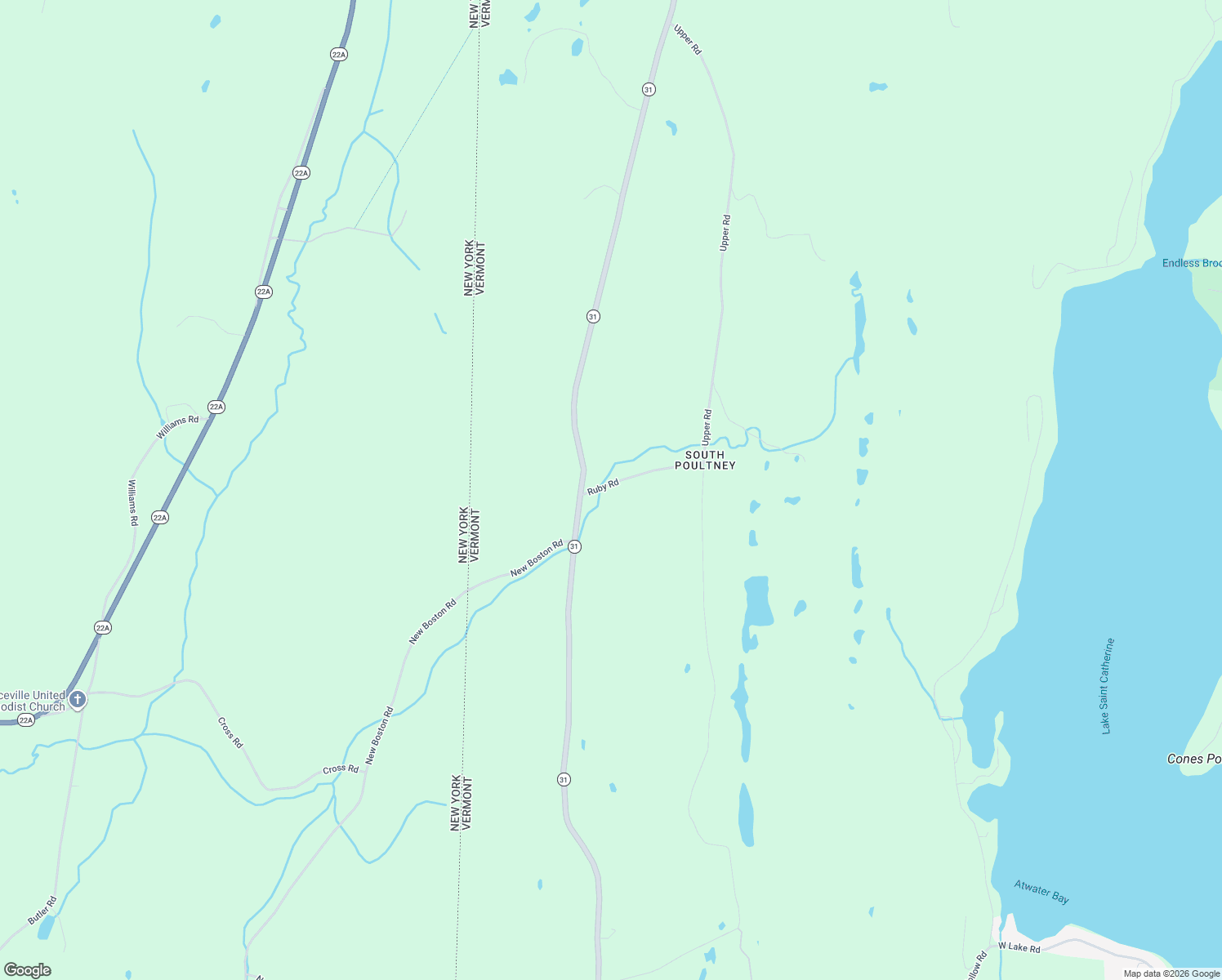 map of restaurants, bars, coffee shops, grocery stores, and more near 84 Ruby Rd in Poultney