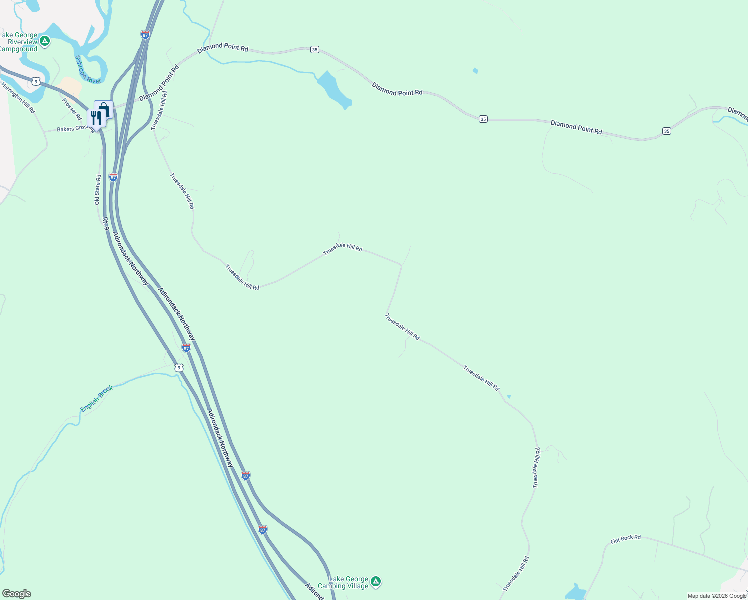 map of restaurants, bars, coffee shops, grocery stores, and more near 443 Truesdale Hill Rd in Lake George