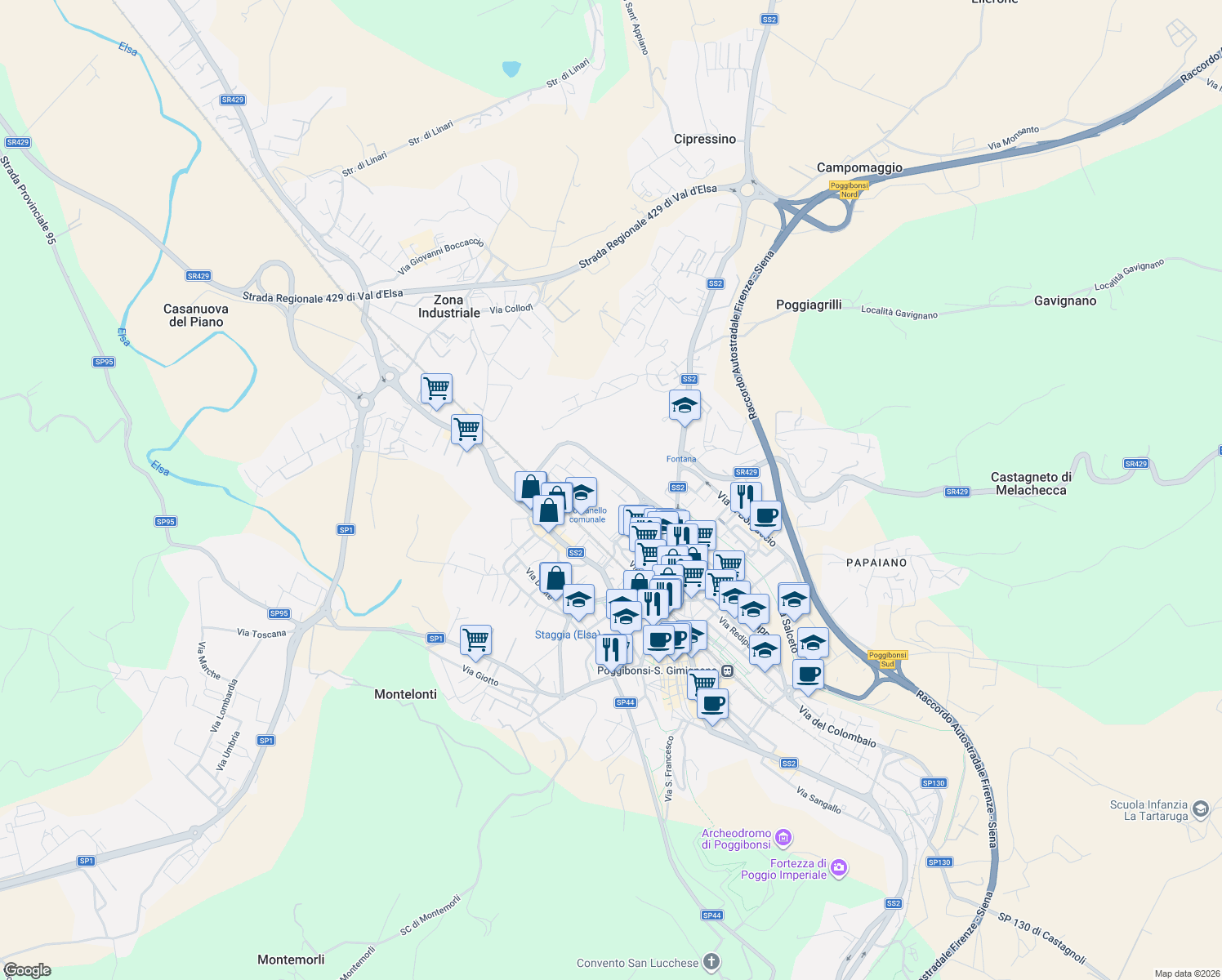 map of restaurants, bars, coffee shops, grocery stores, and more near Via Luigi Galvani in Poggibonsi