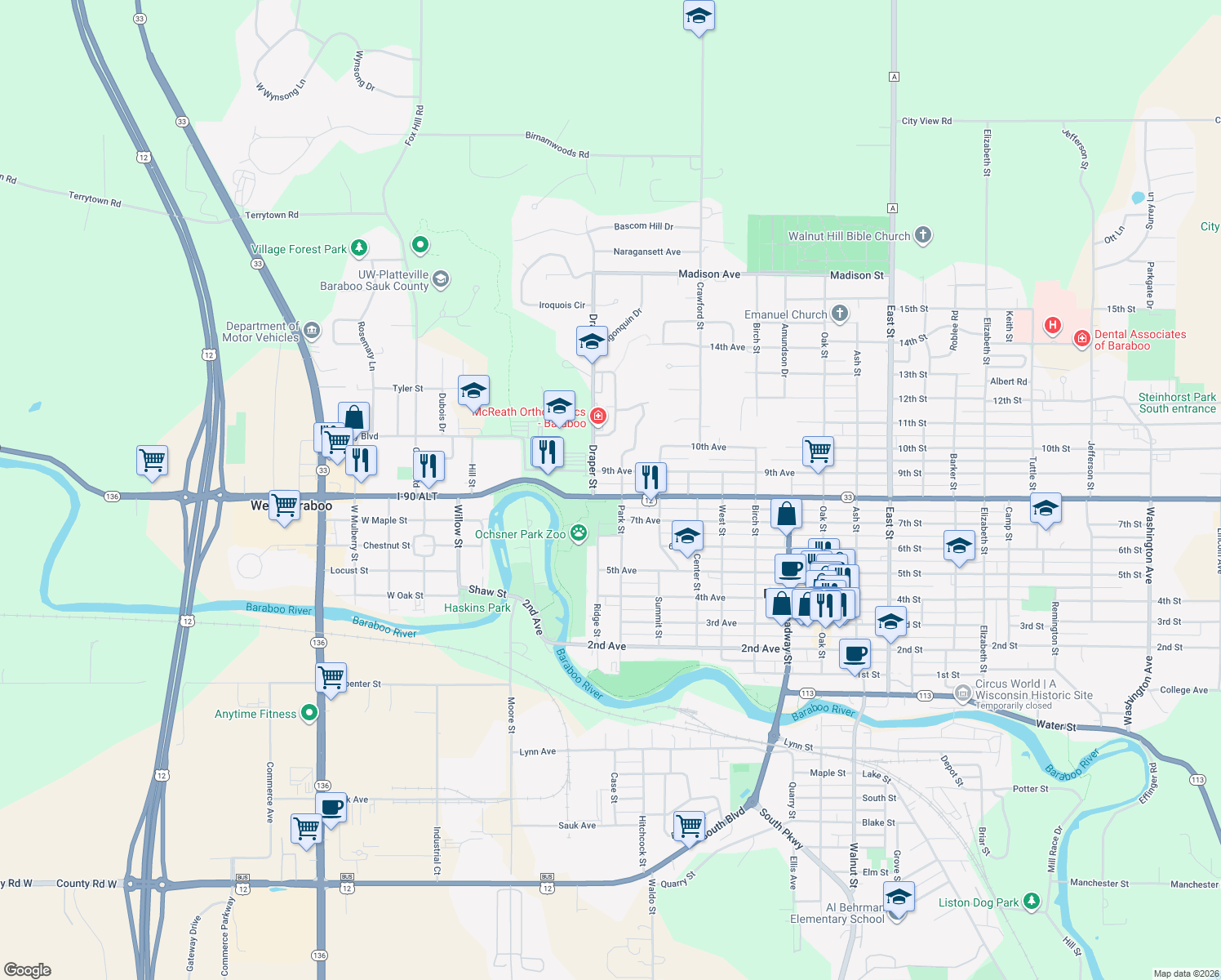 map of restaurants, bars, coffee shops, grocery stores, and more near 708 8th Avenue in Baraboo