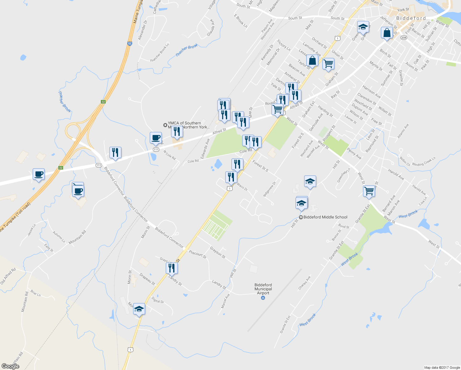 map of restaurants, bars, coffee shops, grocery stores, and more near 4 Lindale Avenue in Biddeford