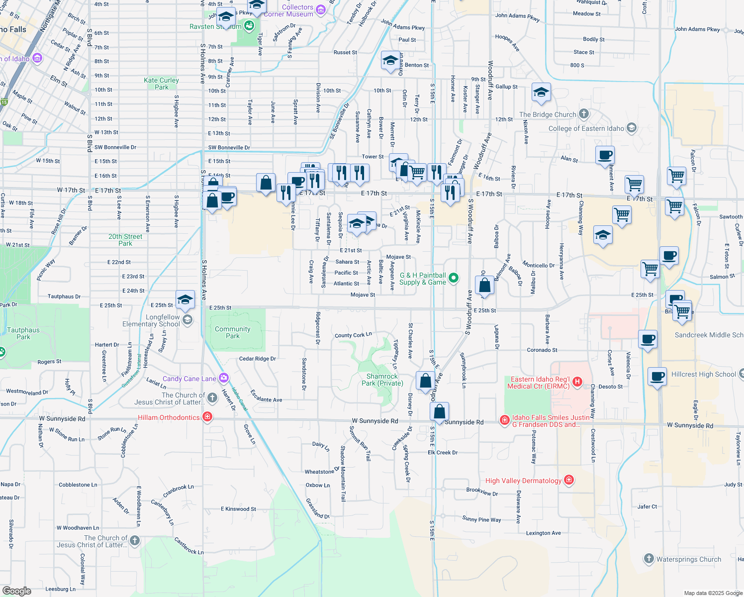 map of restaurants, bars, coffee shops, grocery stores, and more near 1234 Mojave St in Idaho Falls