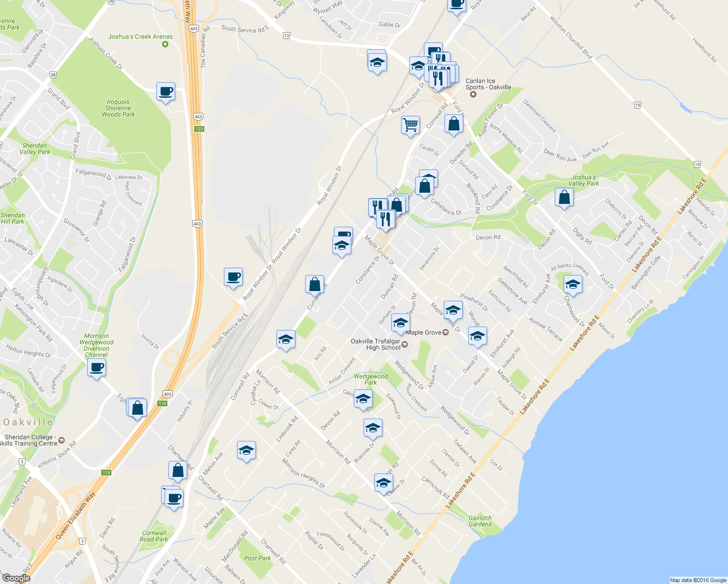 map of restaurants, bars, coffee shops, grocery stores, and more near 1479 Briarwood Crescent in Oakville