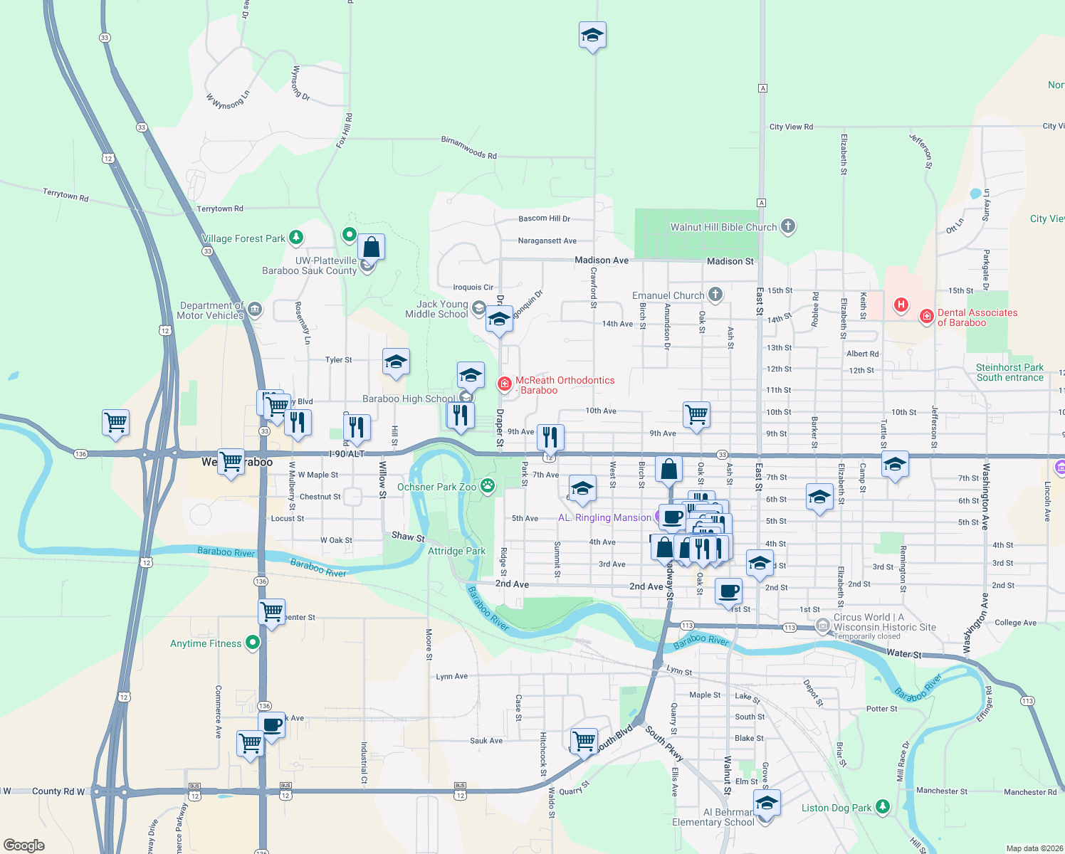 map of restaurants, bars, coffee shops, grocery stores, and more near 624 9th Ave in Baraboo