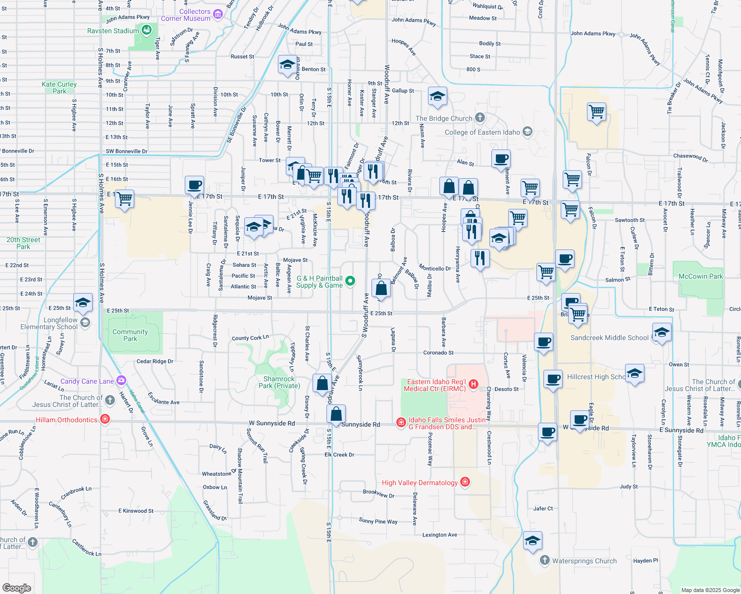 map of restaurants, bars, coffee shops, grocery stores, and more near 2389 S Woodruff Ave in Idaho Falls