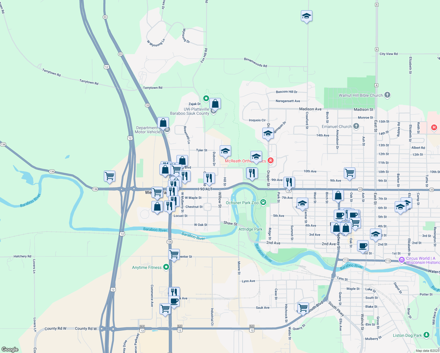 map of restaurants, bars, coffee shops, grocery stores, and more near 213 Campus View Drive in Baraboo