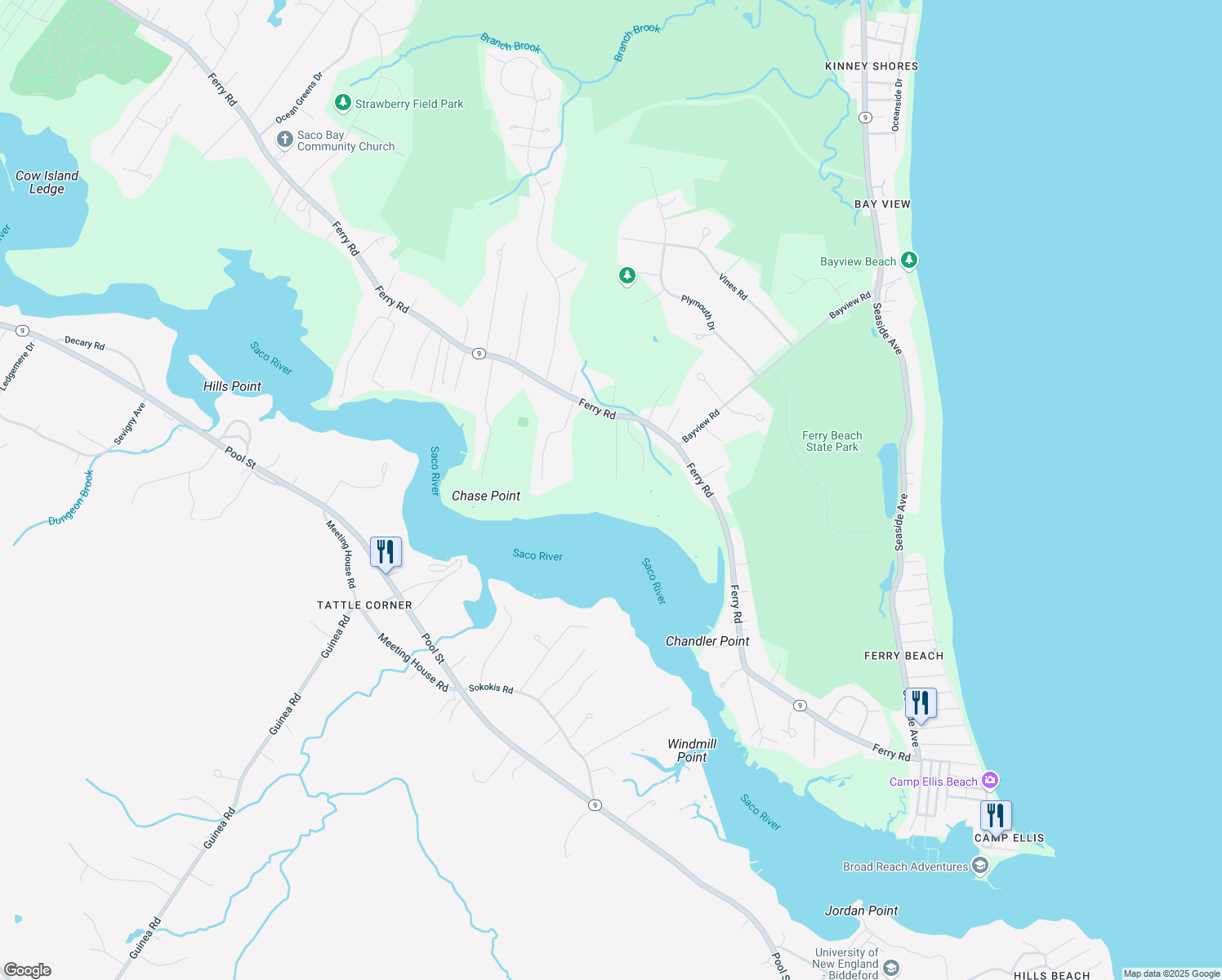 map of restaurants, bars, coffee shops, grocery stores, and more near 19 Windy Point Lane in Saco