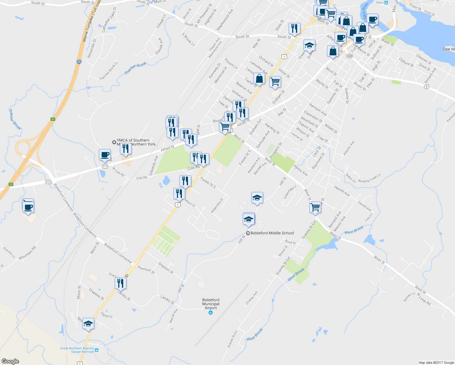 map of restaurants, bars, coffee shops, grocery stores, and more near 33 Forest Street South in Biddeford