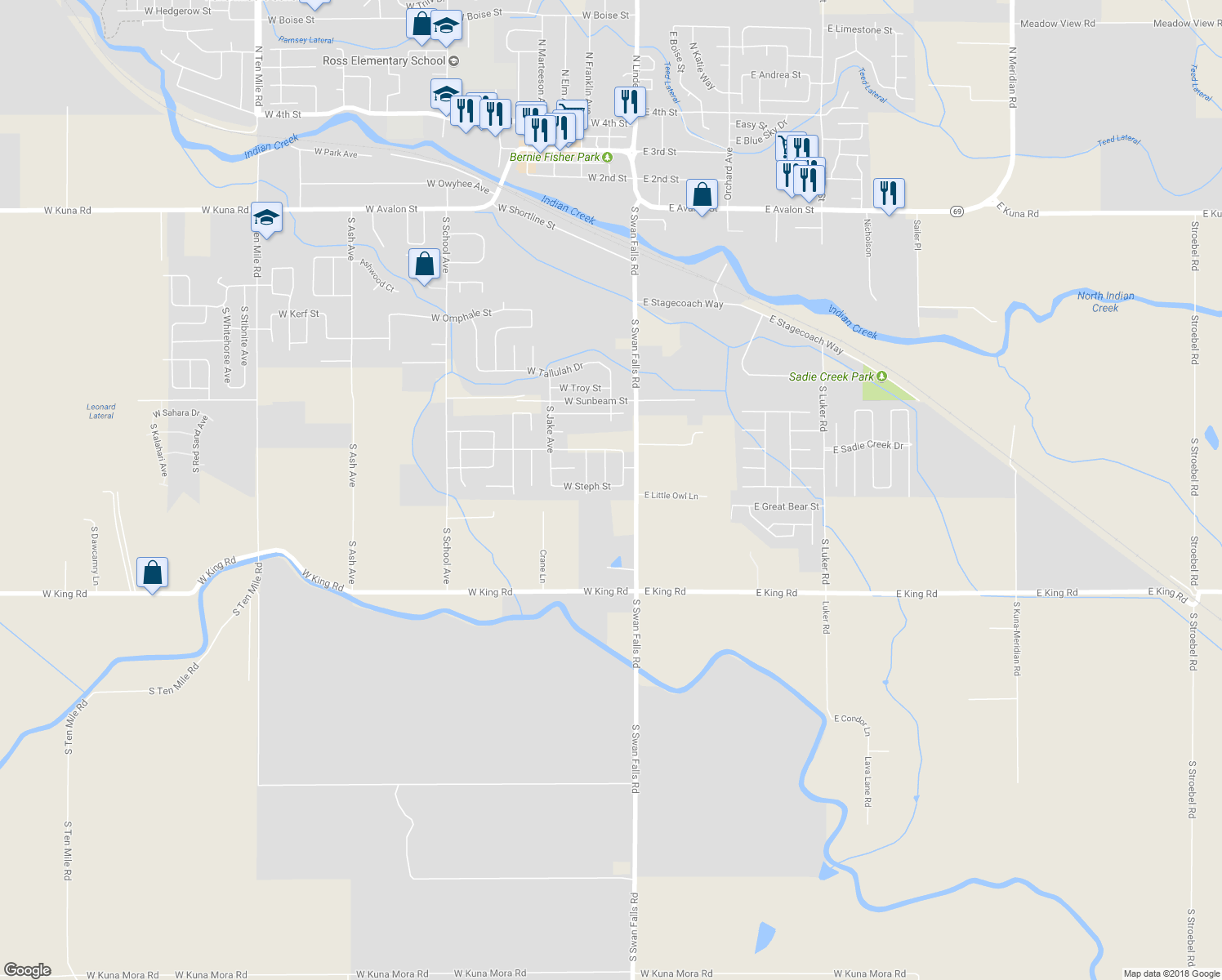 map of restaurants, bars, coffee shops, grocery stores, and more near 117 West Steph Street in Kuna