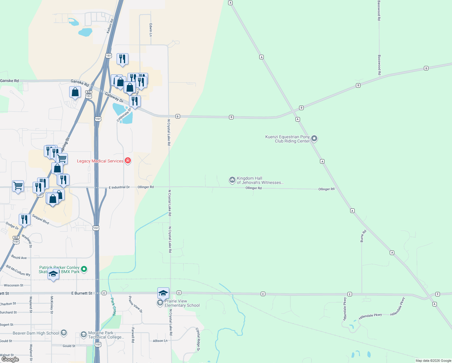 map of restaurants, bars, coffee shops, grocery stores, and more near W7936 Ollinger Road in Beaver Dam