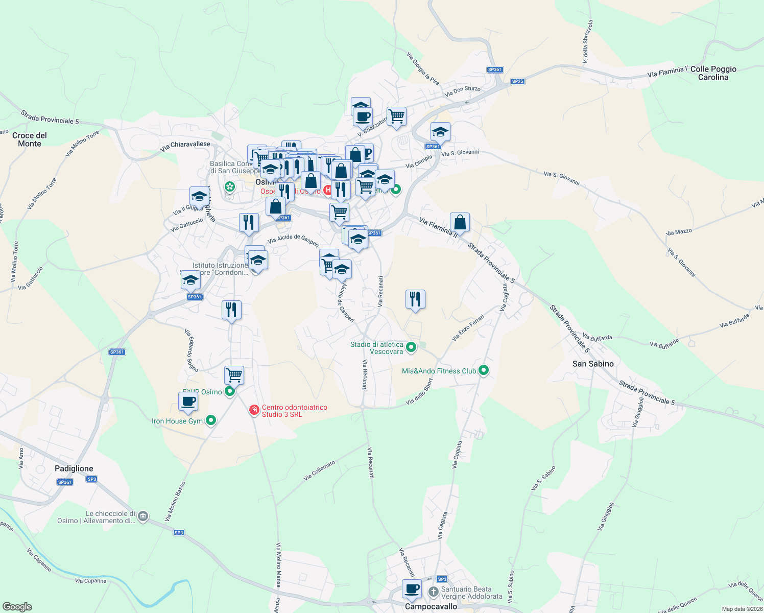 map of restaurants, bars, coffee shops, grocery stores, and more near in Osimo