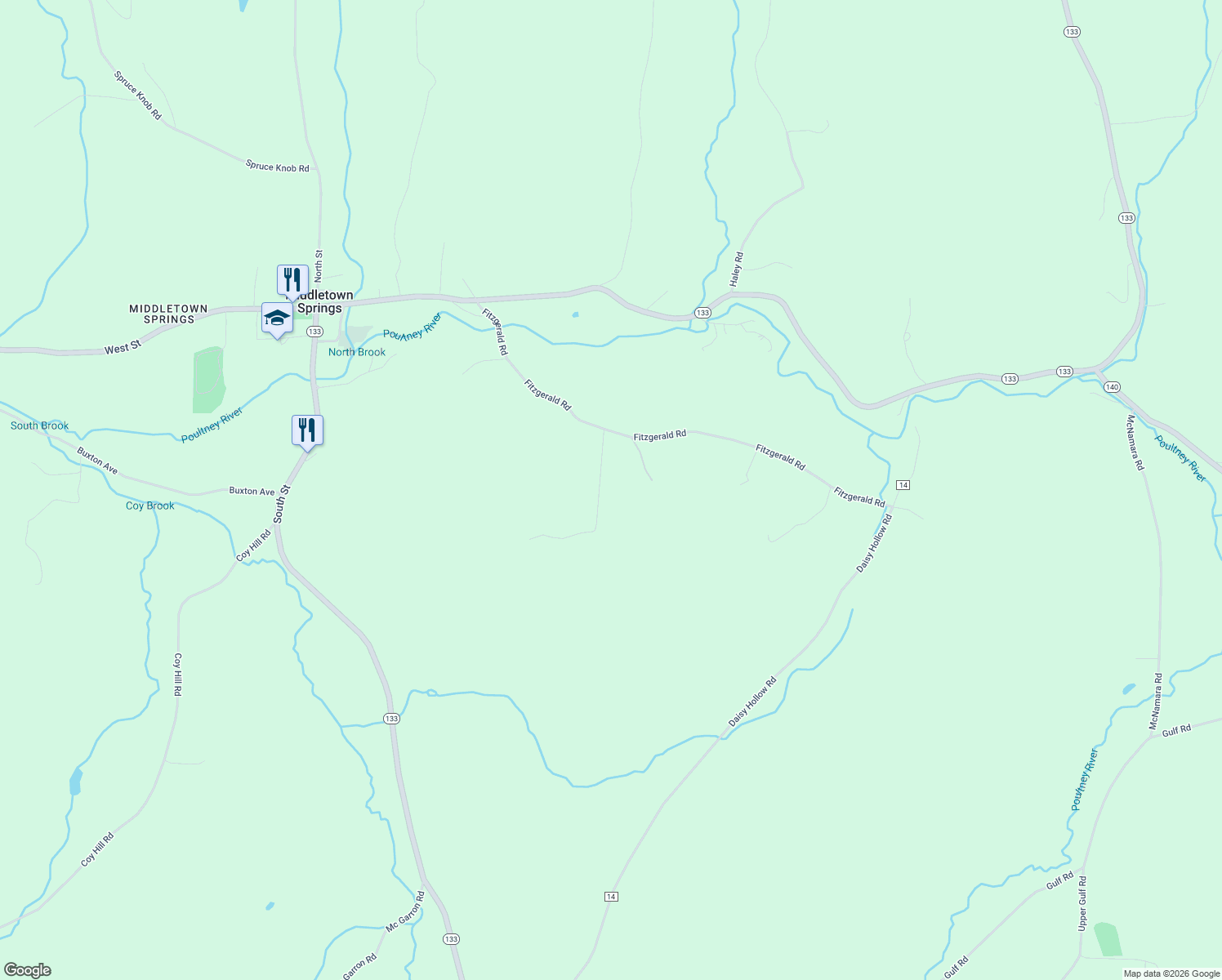 map of restaurants, bars, coffee shops, grocery stores, and more near 110 Fitzgerald Road in Middletown Springs