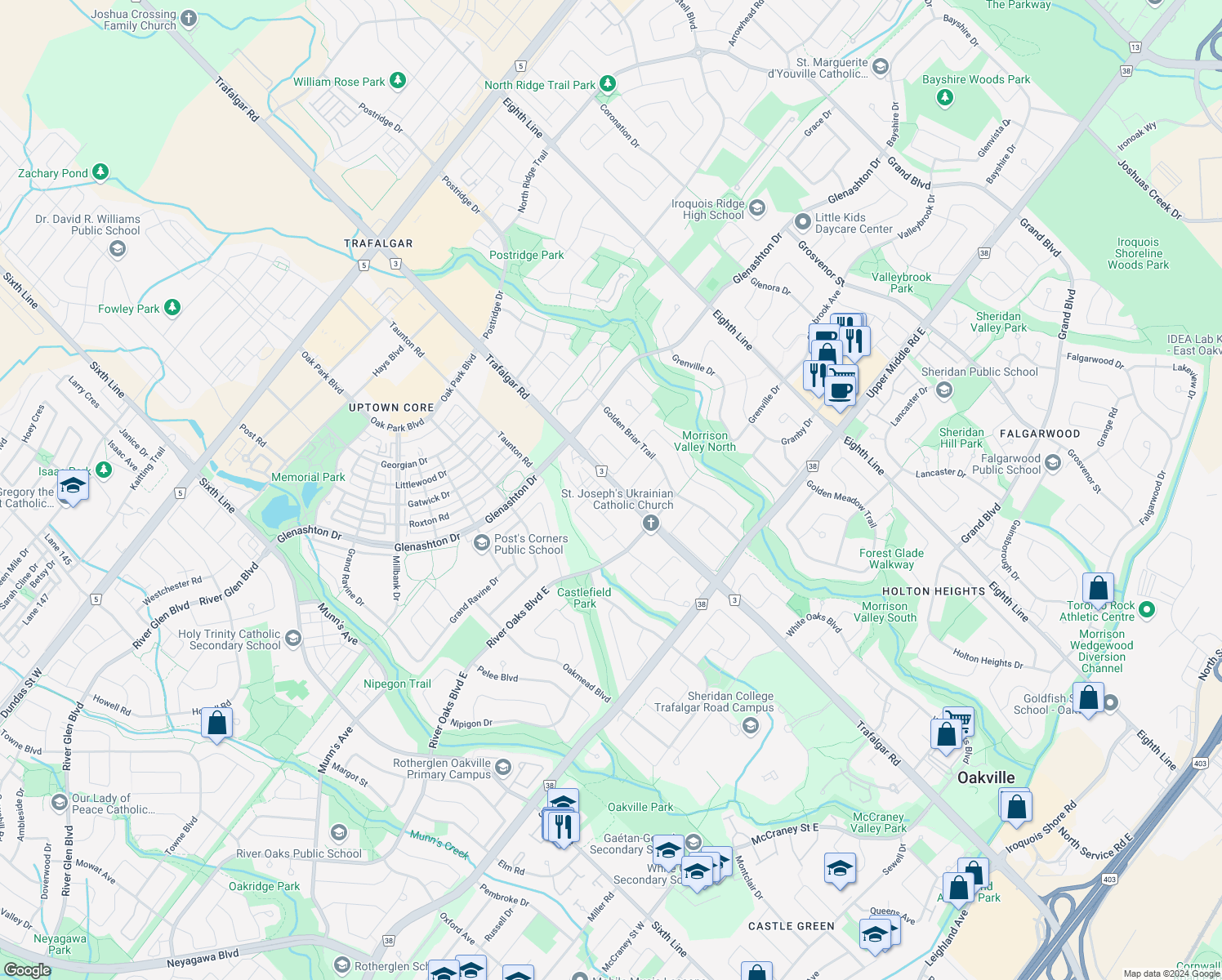 map of restaurants, bars, coffee shops, grocery stores, and more near 330 Hickory Circle in Oakville