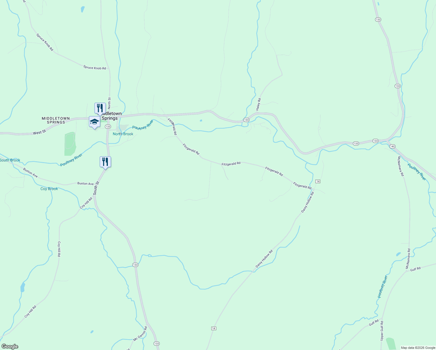 map of restaurants, bars, coffee shops, grocery stores, and more near 110 Fitzgerald Road in Middletown Springs