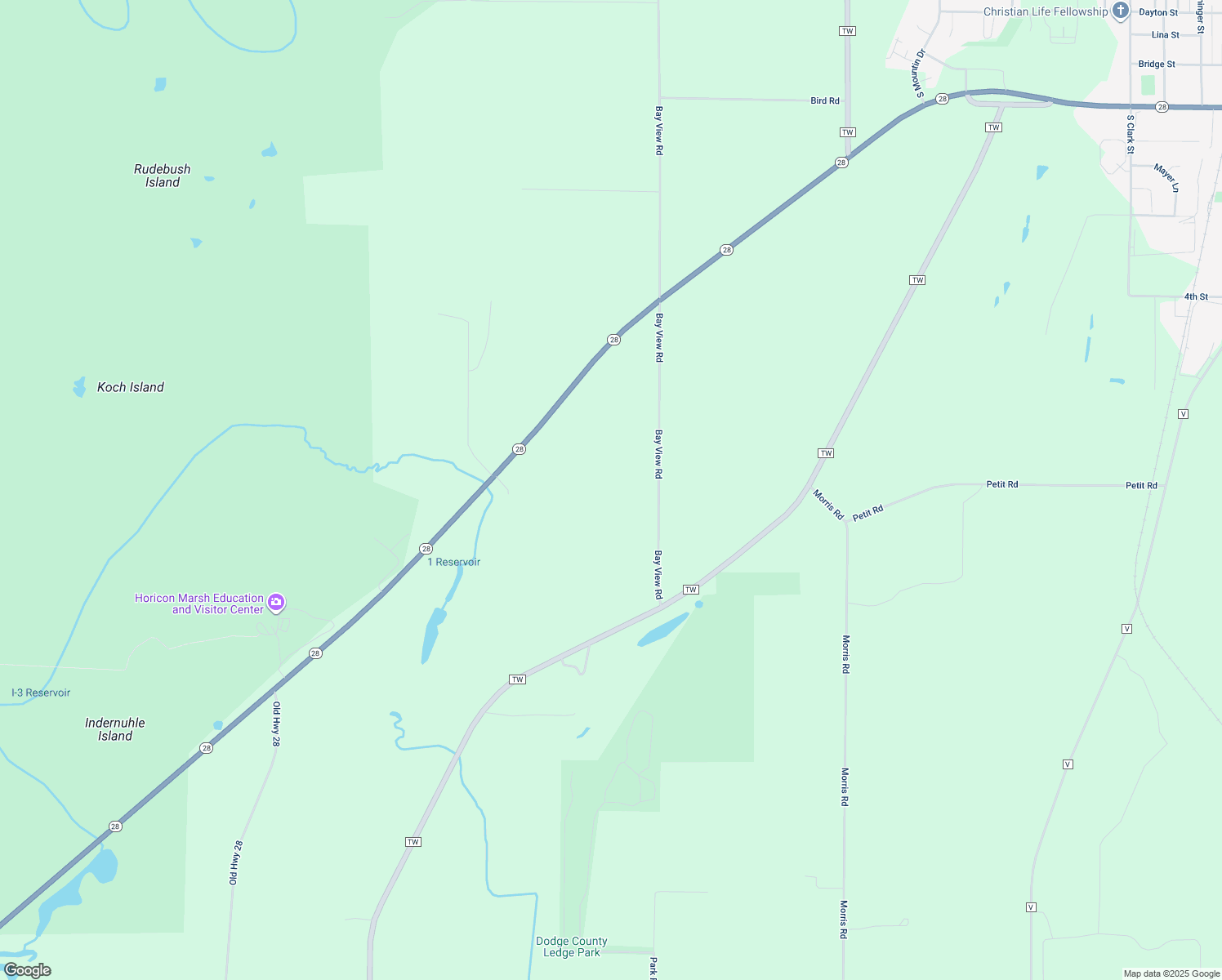 map of restaurants, bars, coffee shops, grocery stores, and more near N7851 Bay View Rd in Horicon