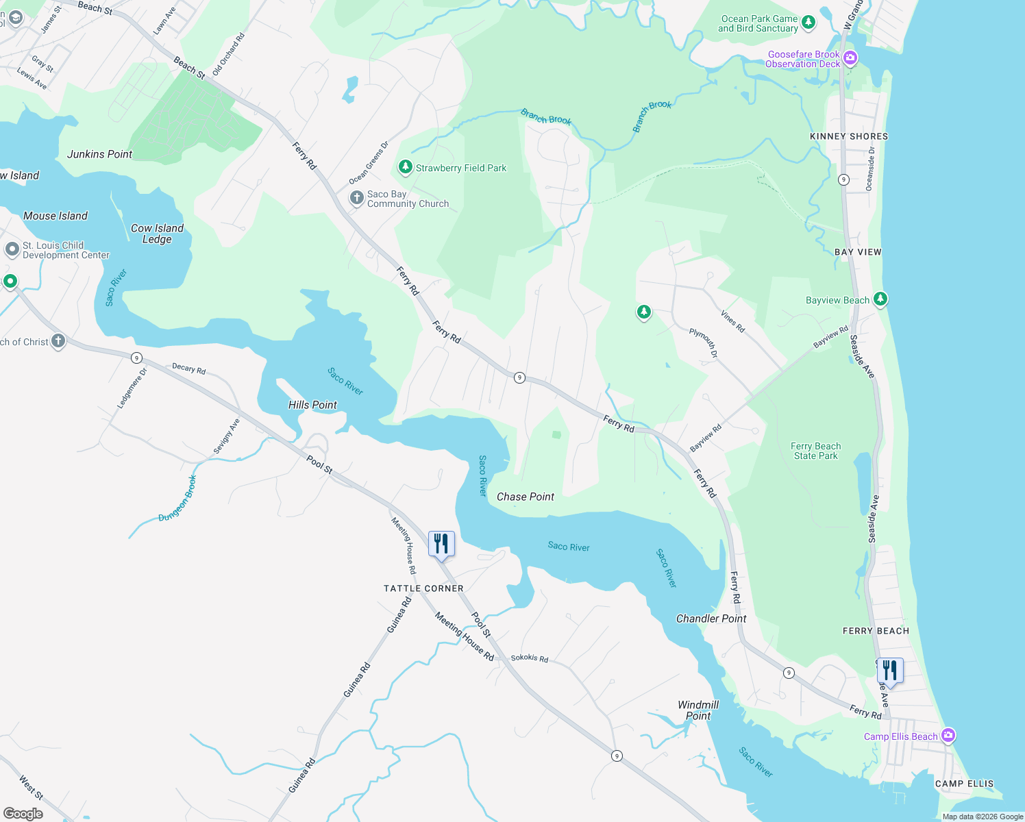 map of restaurants, bars, coffee shops, grocery stores, and more near 295 Ferry Road in Saco