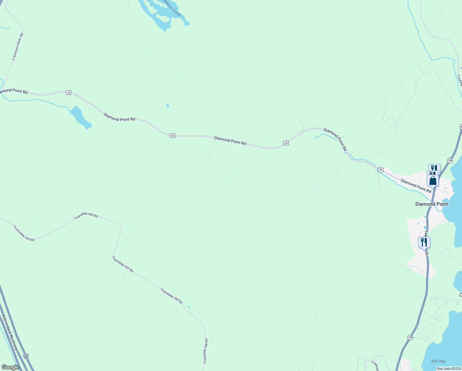 map of restaurants, bars, coffee shops, grocery stores, and more near 100 Spring Woods in Lake George