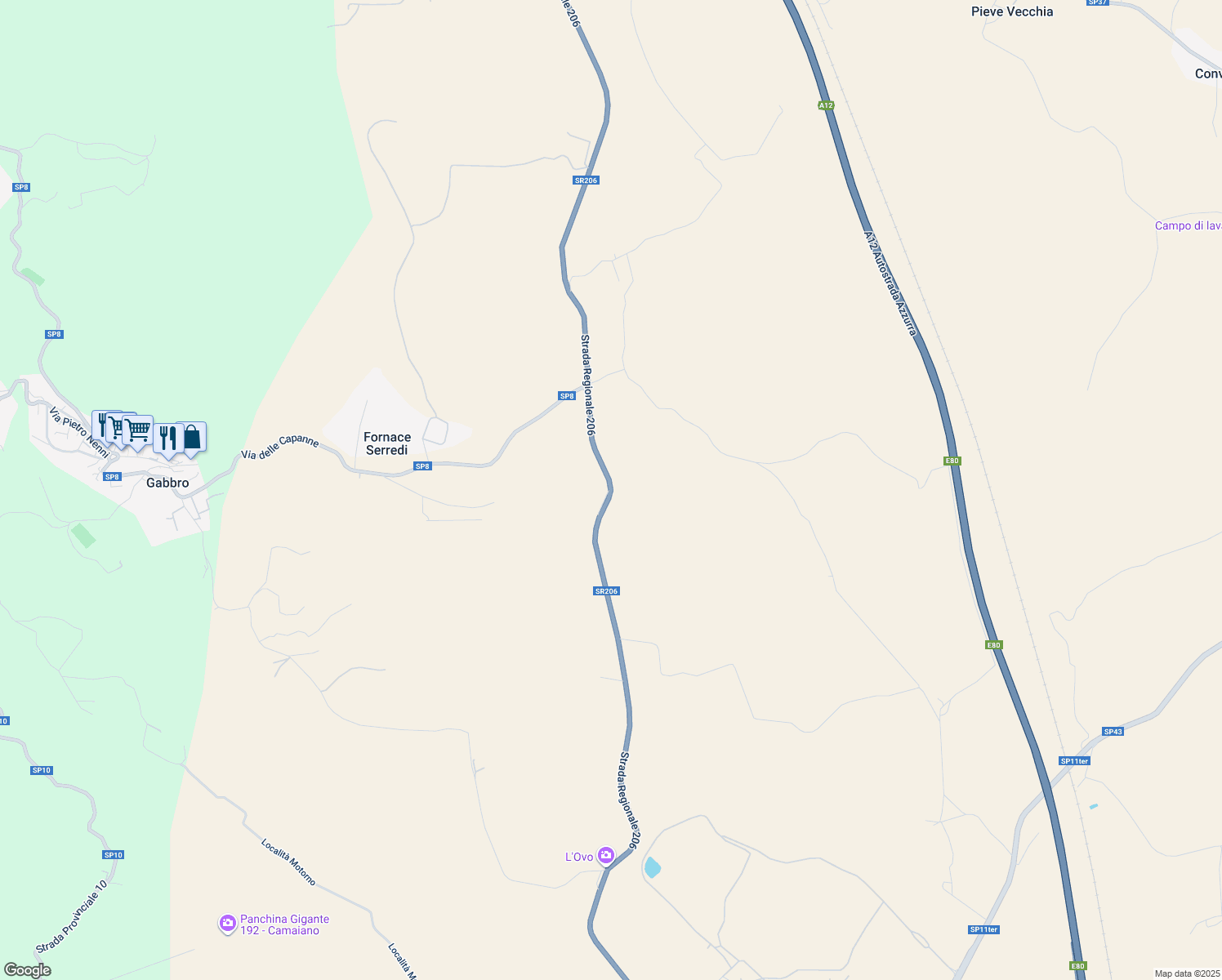 map of restaurants, bars, coffee shops, grocery stores, and more near Strada Regionale 206 in Provincia di Livorno
