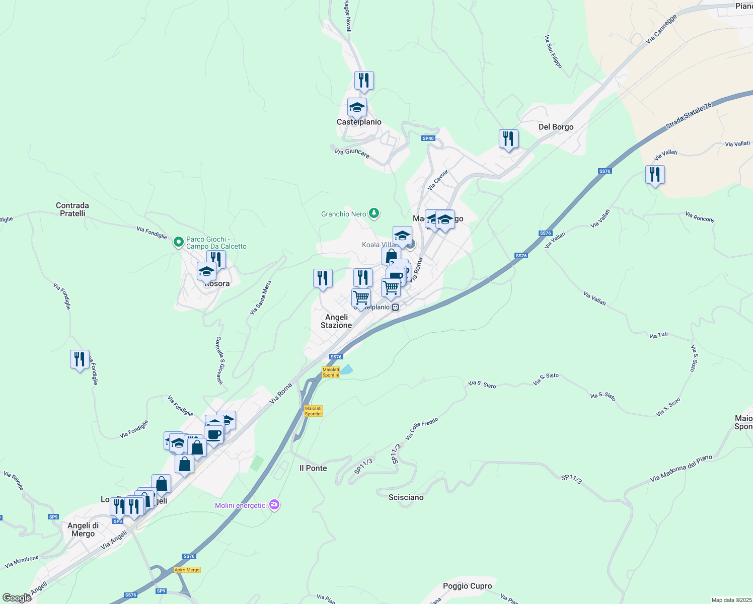 map of restaurants, bars, coffee shops, grocery stores, and more near 72 Via Roma in Macine-borgo Loreto