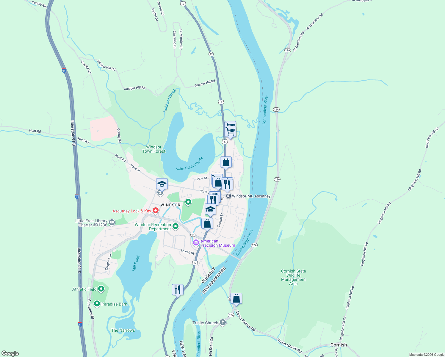 map of restaurants, bars, coffee shops, grocery stores, and more near 44 Main Street in Windsor