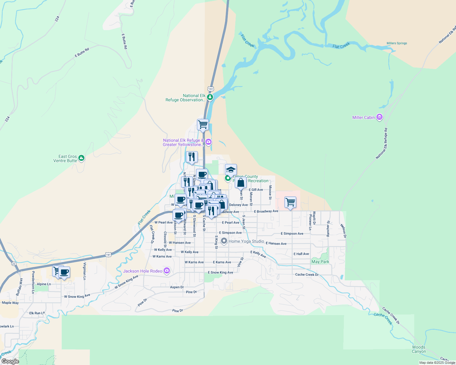 map of restaurants, bars, coffee shops, grocery stores, and more near 155 East Gill Avenue in Jackson