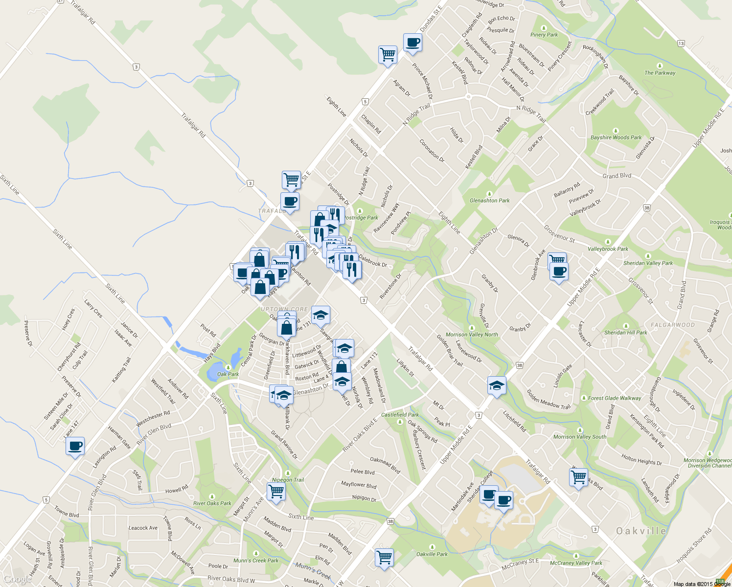 map of restaurants, bars, coffee shops, grocery stores, and more near 340 Kittridge Road in Oakville