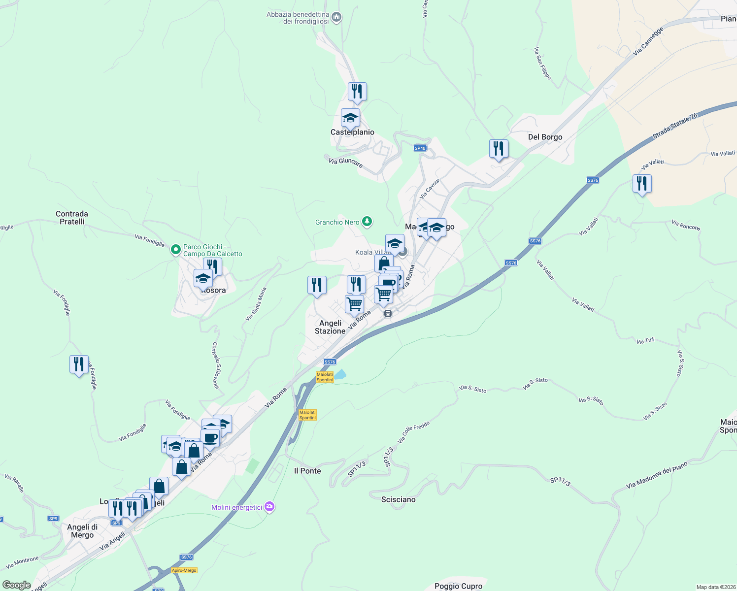 map of restaurants, bars, coffee shops, grocery stores, and more near 72 Via Roma in Macine-borgo Loreto
