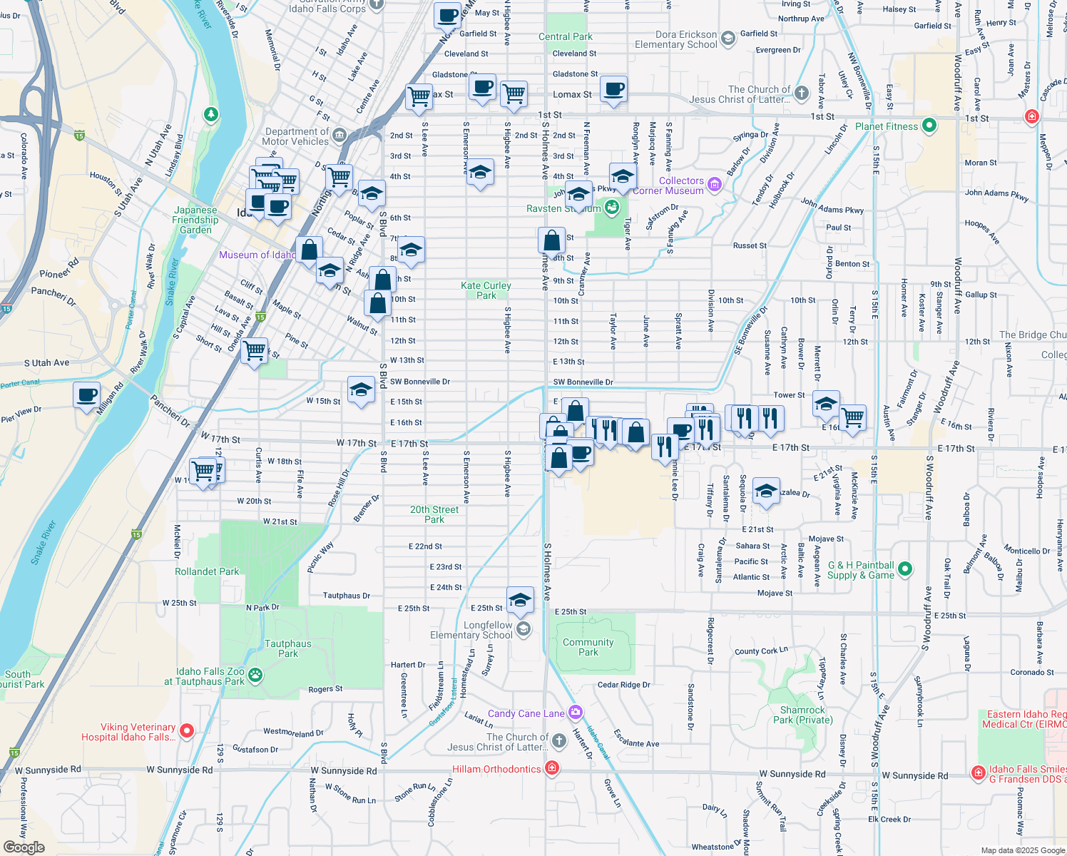 map of restaurants, bars, coffee shops, grocery stores, and more near 466 East 16th Street in Idaho Falls