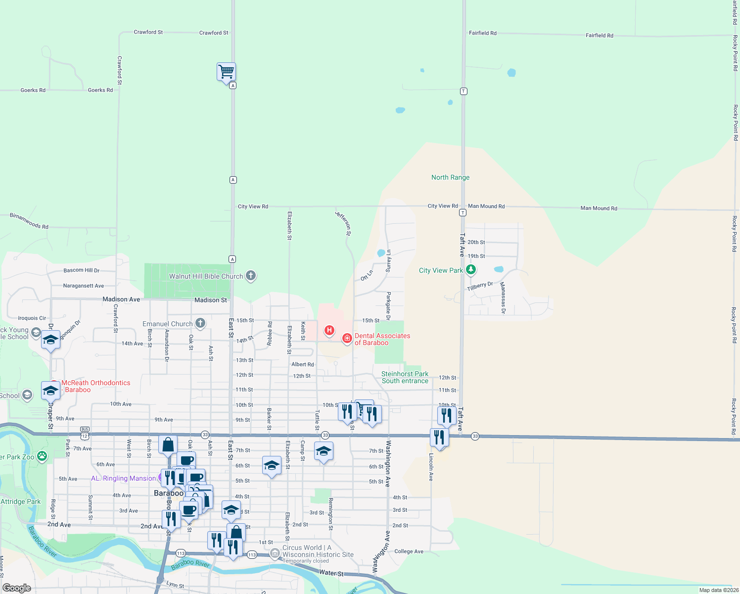 map of restaurants, bars, coffee shops, grocery stores, and more near 914 Surrey Lane in Baraboo