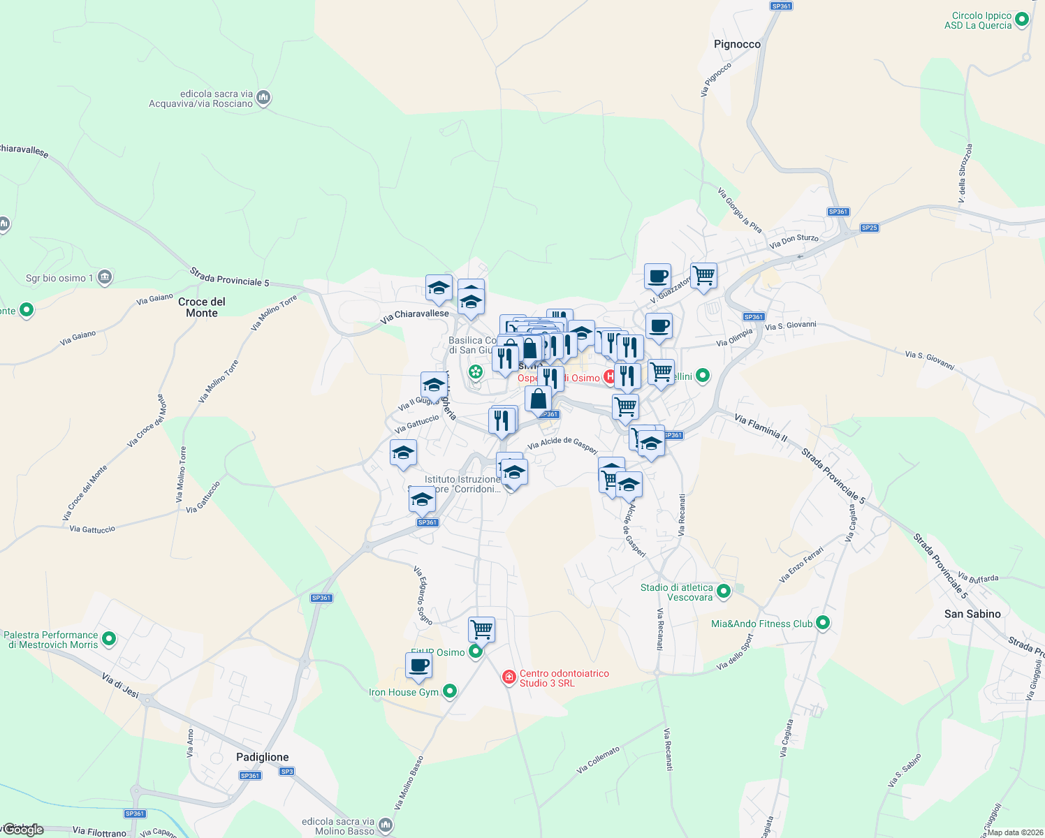 map of restaurants, bars, coffee shops, grocery stores, and more near 30 Via Pietà in Osimo