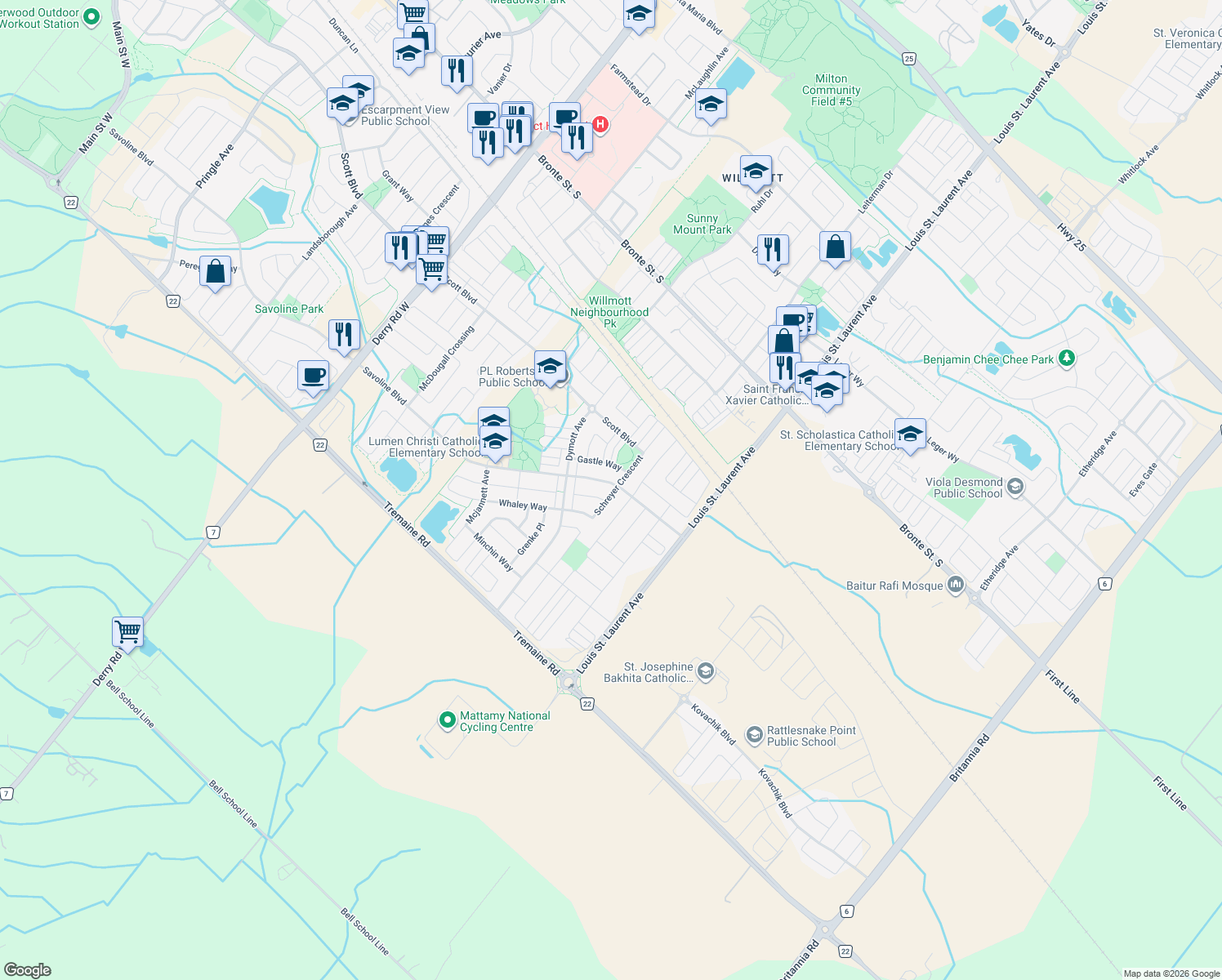 map of restaurants, bars, coffee shops, grocery stores, and more near 1004 Savoline Boulevard in Milton