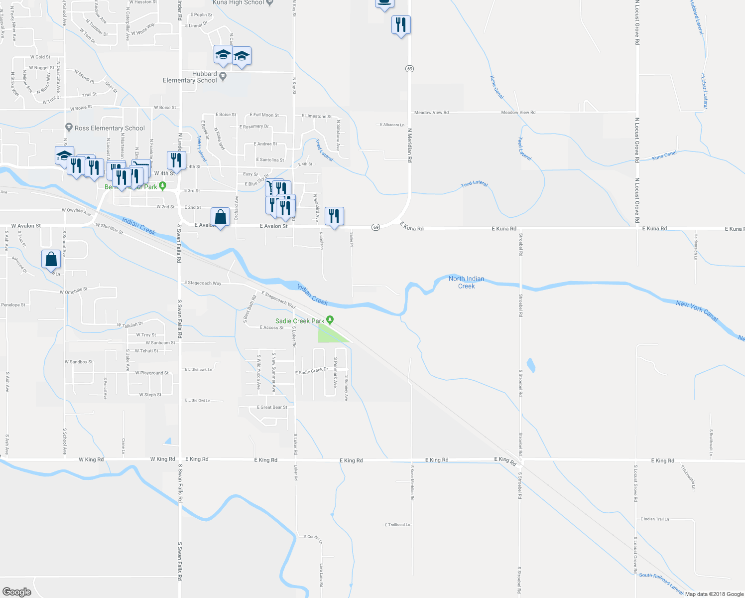 map of restaurants, bars, coffee shops, grocery stores, and more near 496 Sailer Place in Kuna