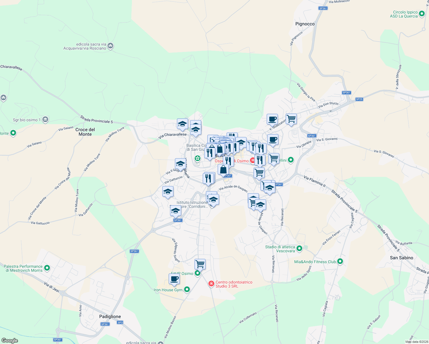 map of restaurants, bars, coffee shops, grocery stores, and more near 30 Via Pietà in Osimo