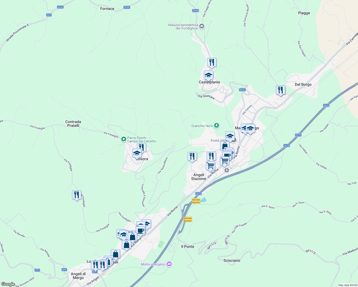 map of restaurants, bars, coffee shops, grocery stores, and more near 13 Contrada Pratelli in Provincia di Ancona