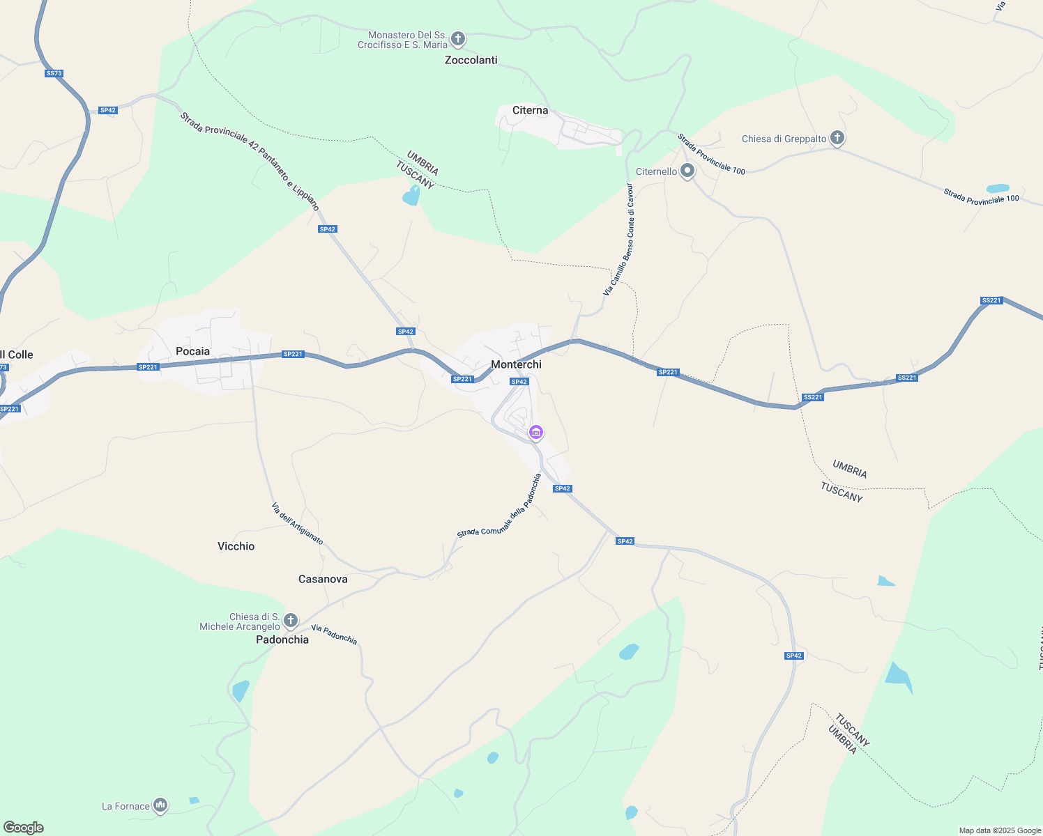 map of restaurants, bars, coffee shops, grocery stores, and more near Strada Provinciale 42 in Arezzo