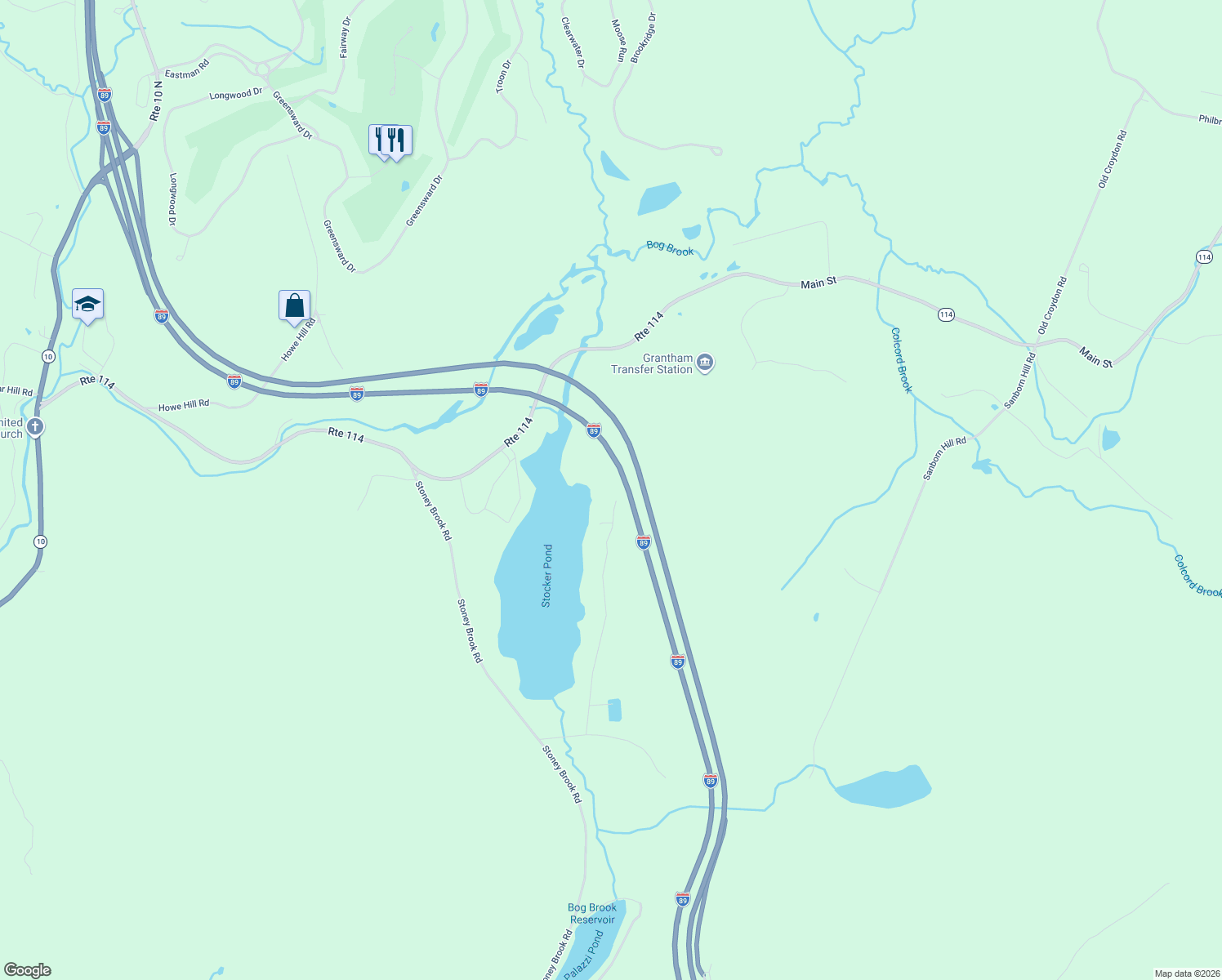 map of restaurants, bars, coffee shops, grocery stores, and more near 331 Stocker Pond Road in Grantham