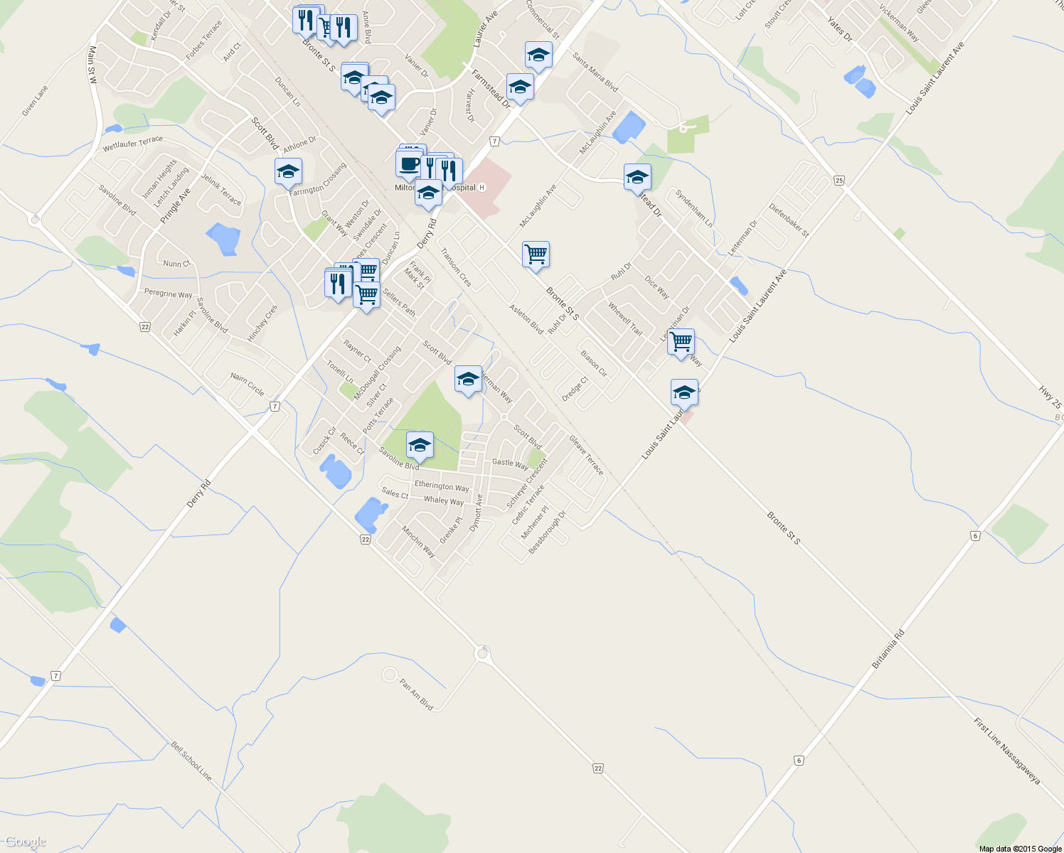 map of restaurants, bars, coffee shops, grocery stores, and more near 963 McTrach Crescent in Milton