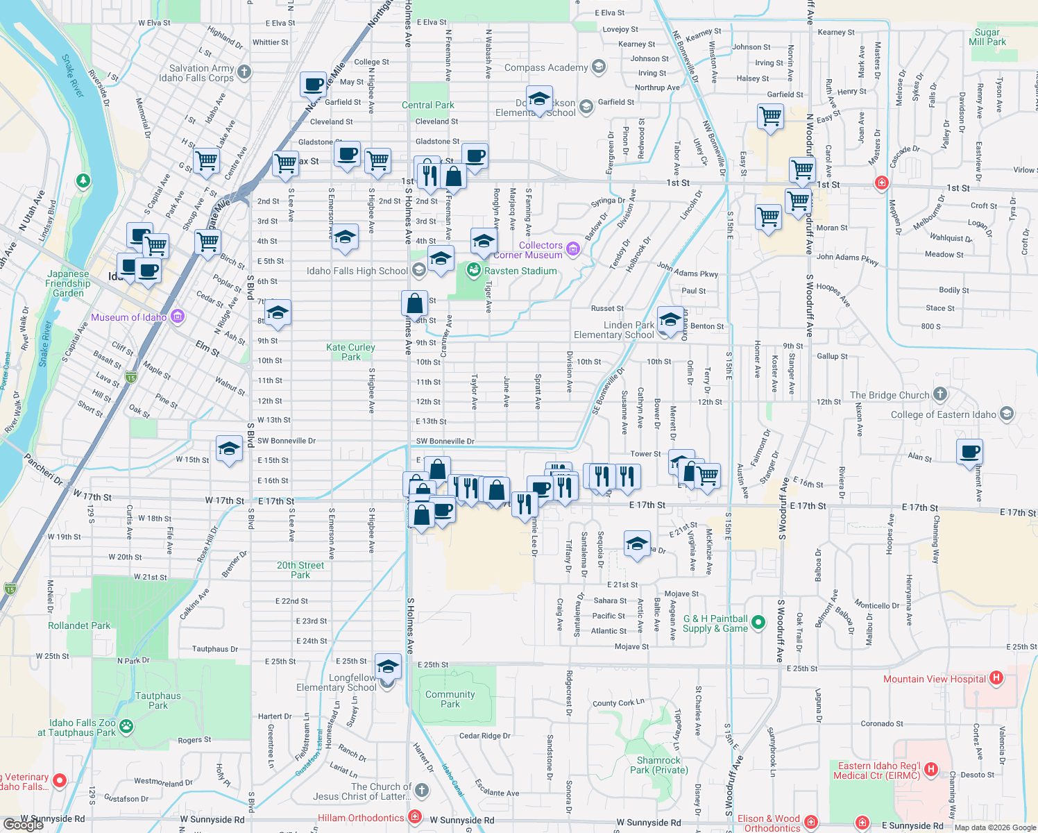map of restaurants, bars, coffee shops, grocery stores, and more near 835 East 13th Street in Idaho Falls