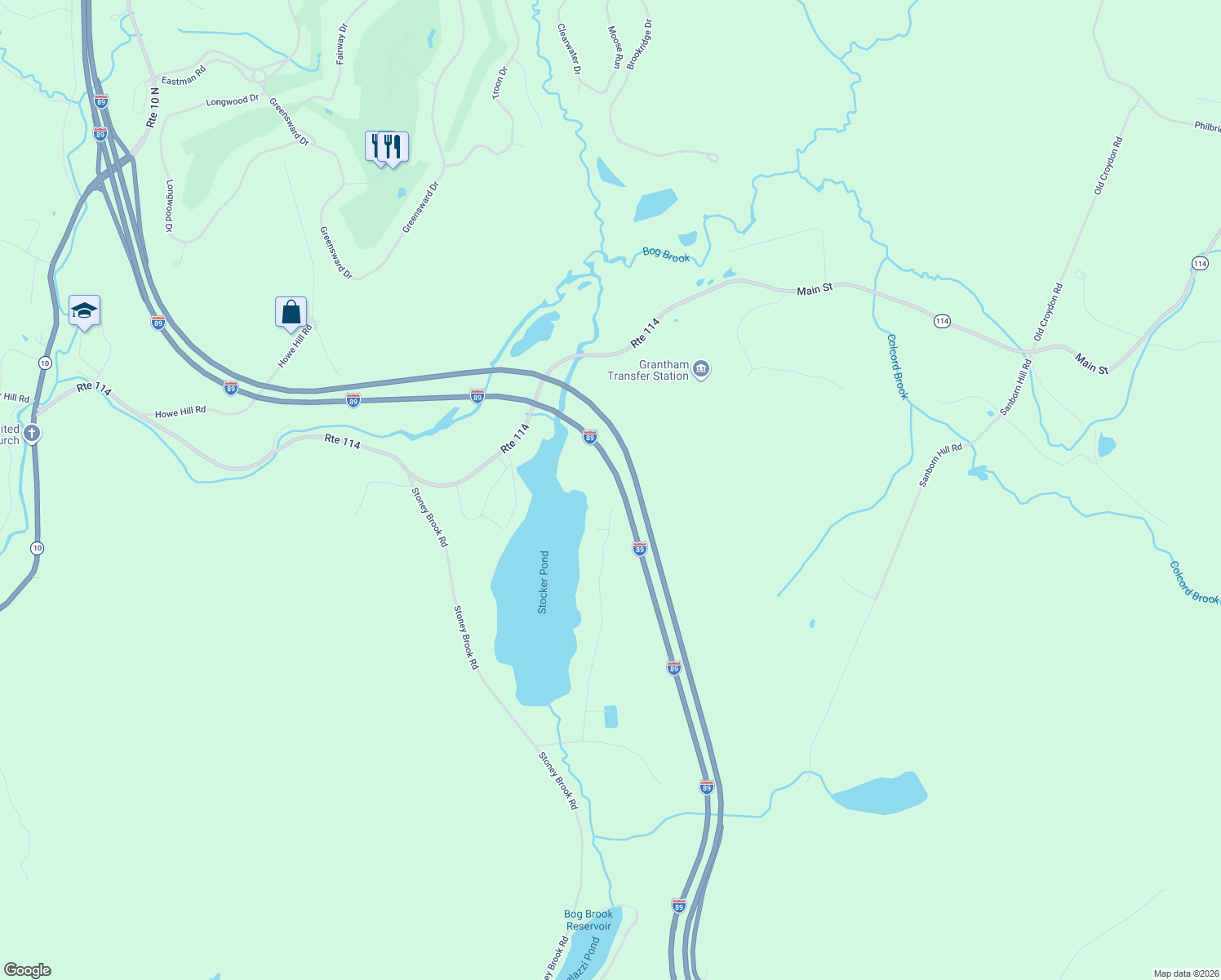 map of restaurants, bars, coffee shops, grocery stores, and more near 331 Stocker Pond Road in Grantham