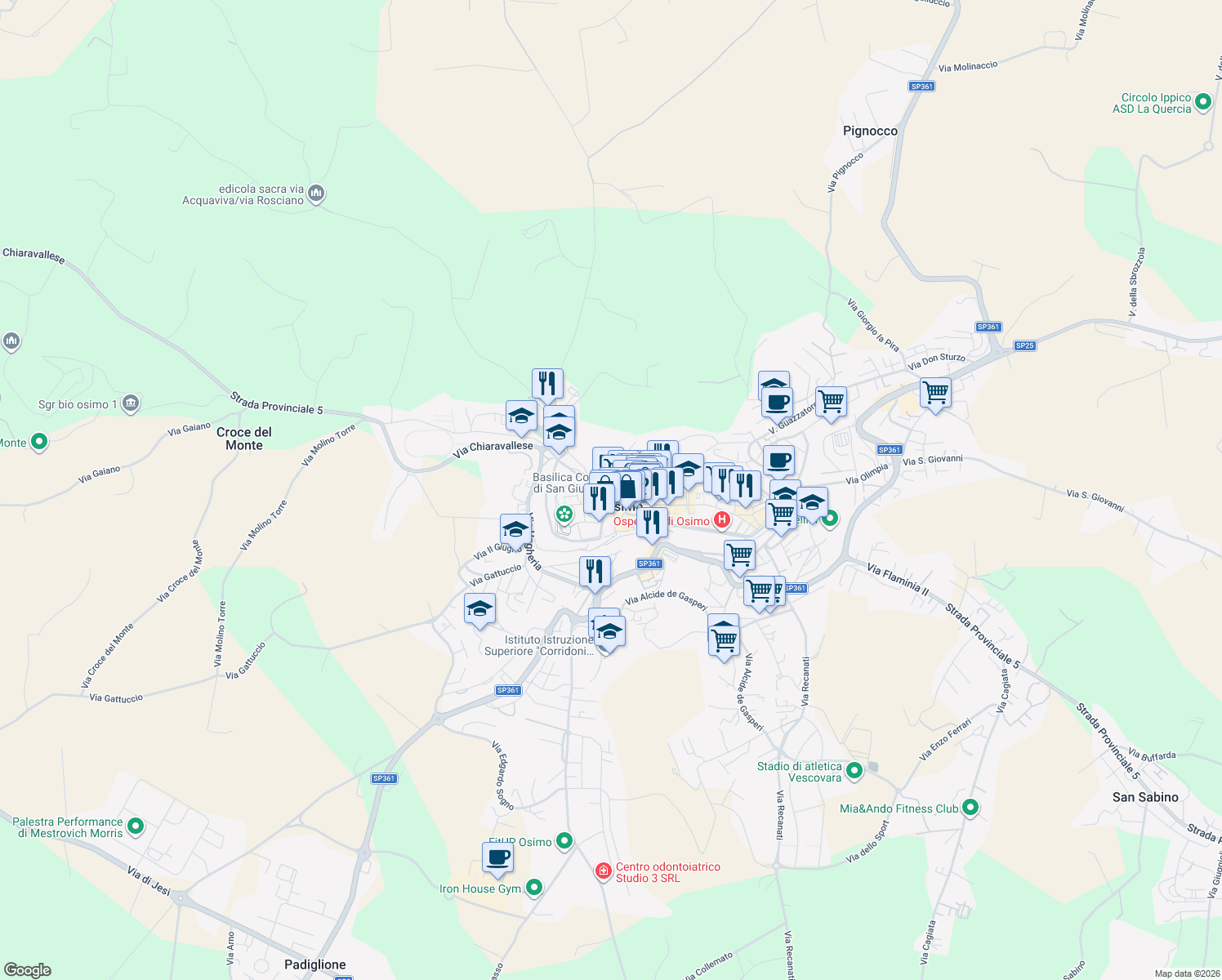 map of restaurants, bars, coffee shops, grocery stores, and more near 5 Piazza Rosselli in Osimo