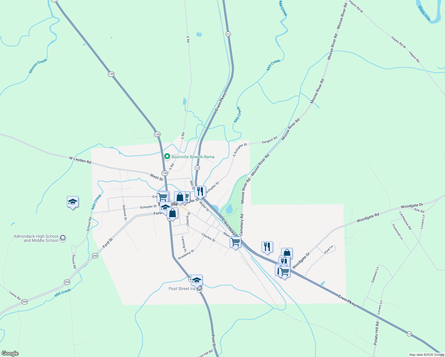 map of restaurants, bars, coffee shops, grocery stores, and more near 226 East Schuyler Street in Boonville