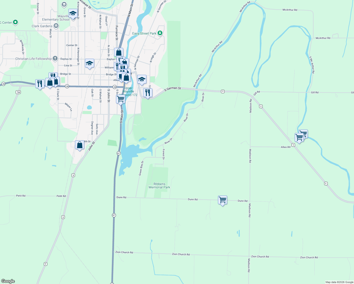 map of restaurants, bars, coffee shops, grocery stores, and more near 611 Wood Ct in Mayville