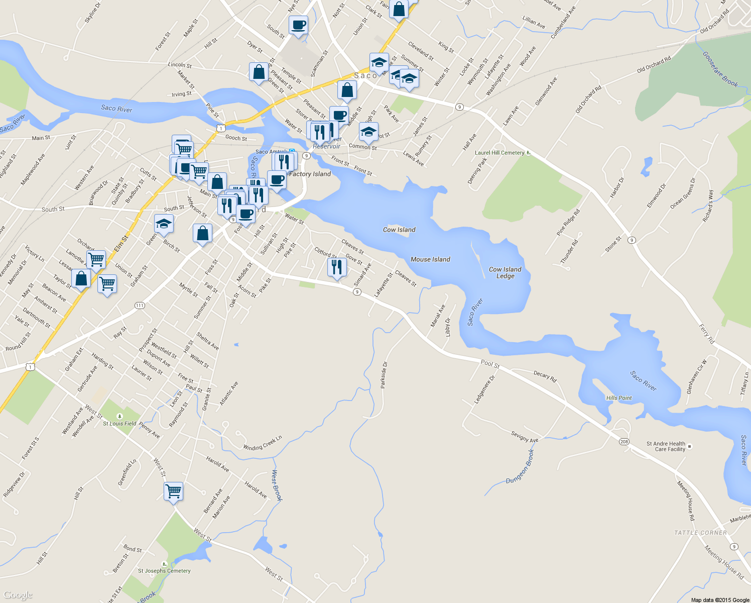 map of restaurants, bars, coffee shops, grocery stores, and more near 5 Trix Lane in Biddeford