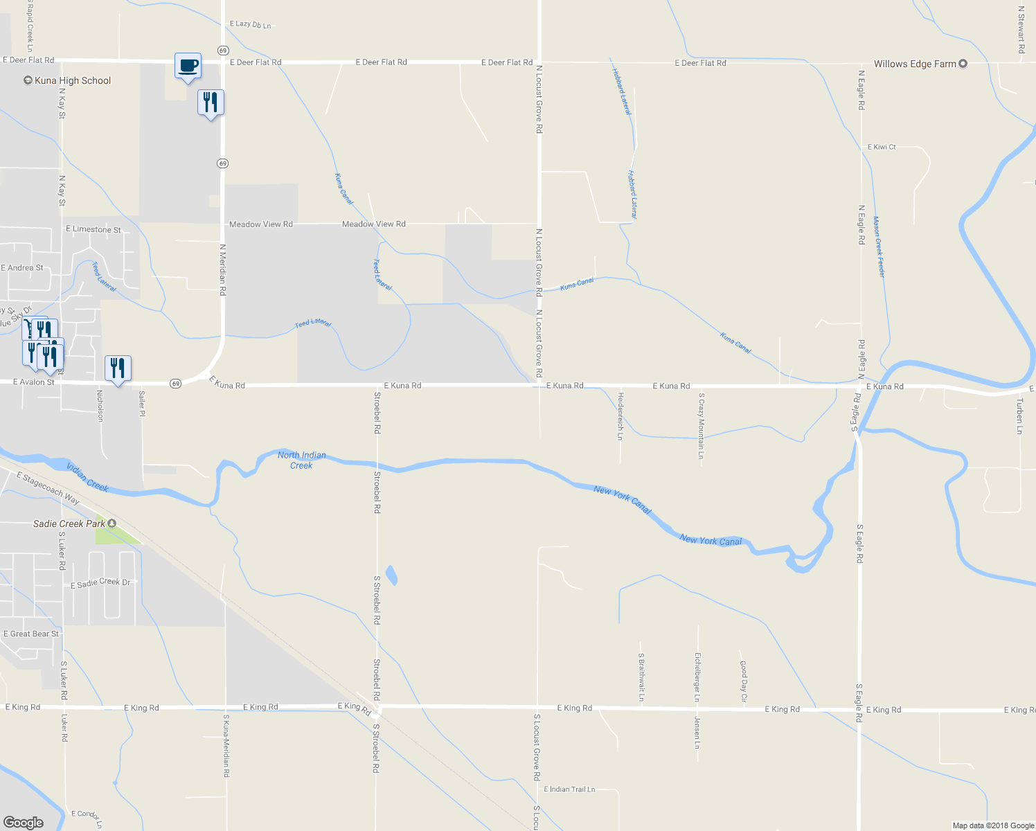 map of restaurants, bars, coffee shops, grocery stores, and more near 150 Misty Dawn Road in Kuna