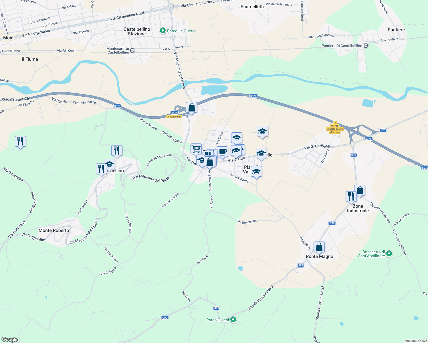 map of restaurants, bars, coffee shops, grocery stores, and more near 7C Piazzale della Fornace in Pianello Vallesina