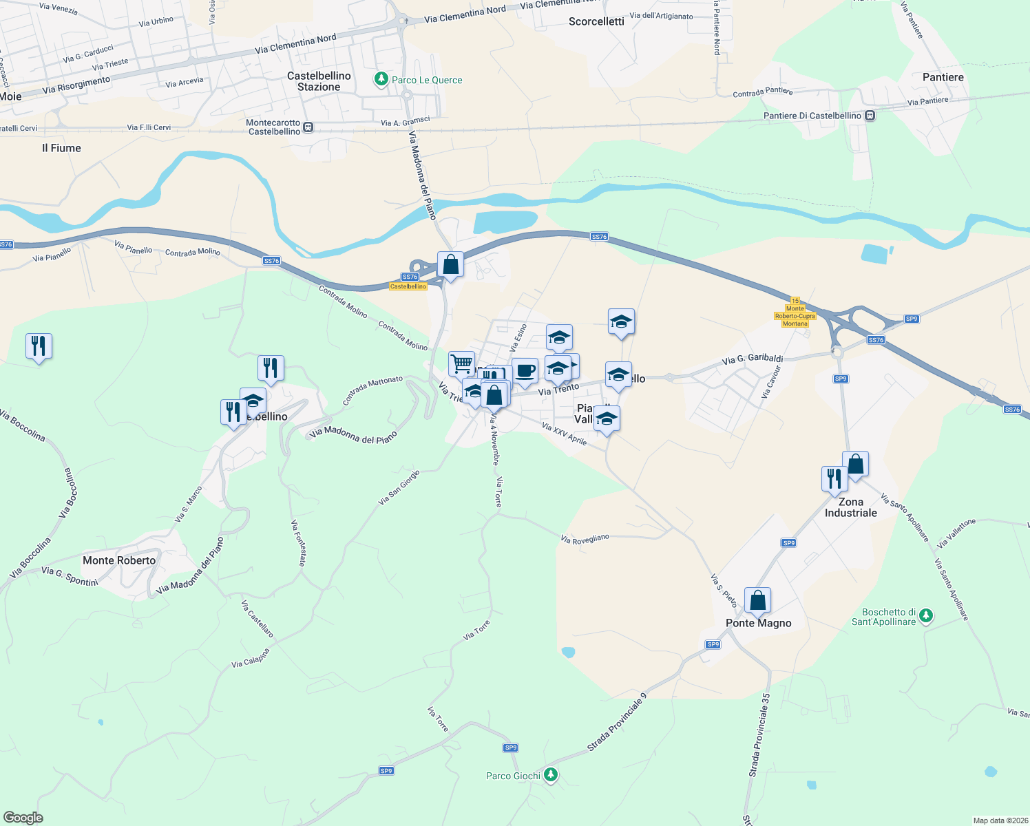 map of restaurants, bars, coffee shops, grocery stores, and more near 7C Piazza della Fornace in Pianello Vallesina