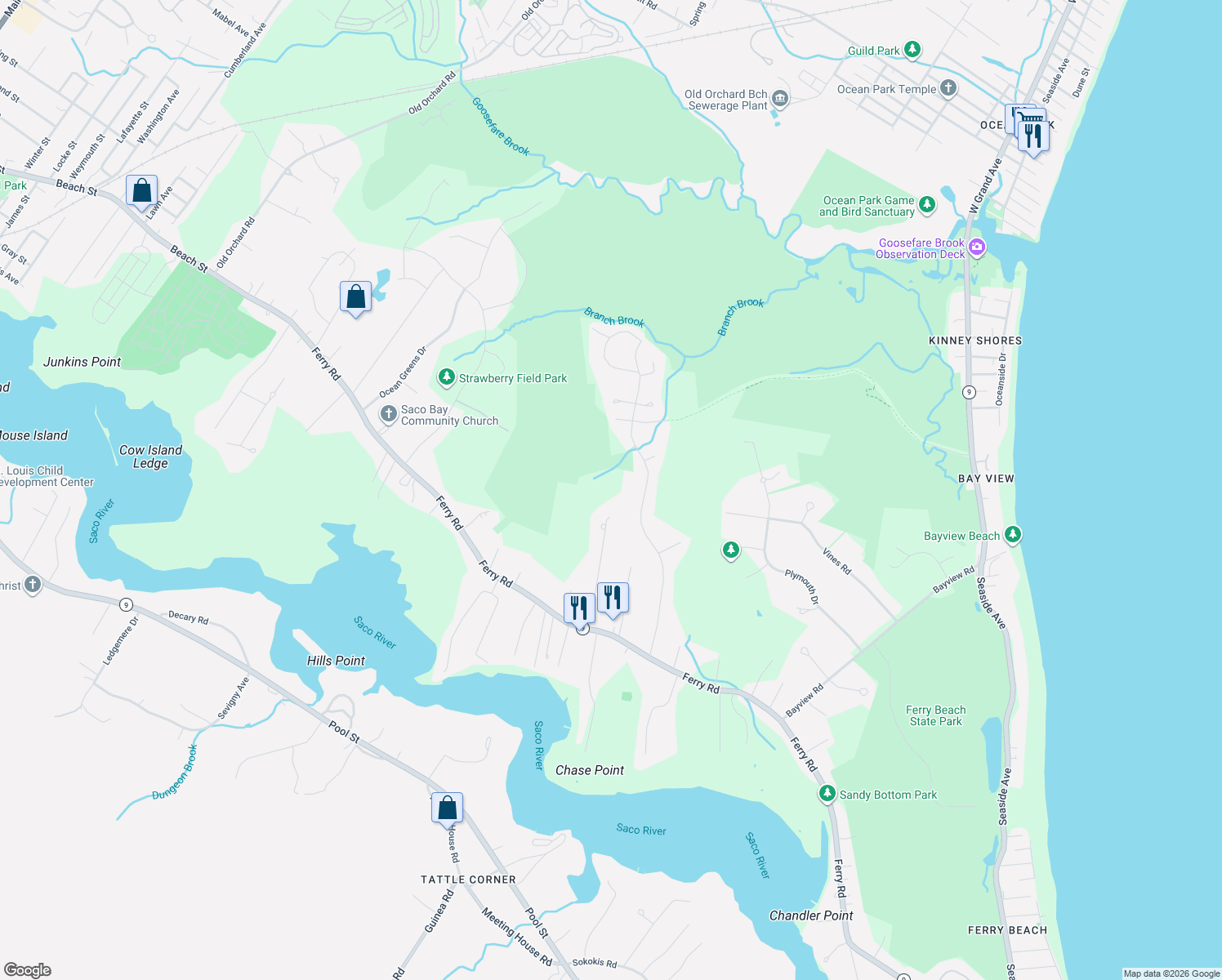 map of restaurants, bars, coffee shops, grocery stores, and more near 33 Scrimshaw Ln in Saco