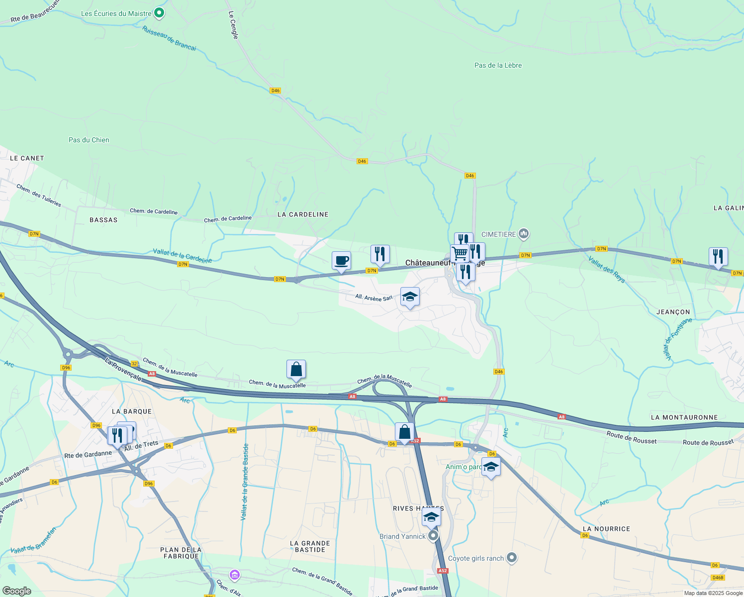 map of restaurants, bars, coffee shops, grocery stores, and more near Allée Arsène Sari in Châteauneuf-le-Rouge