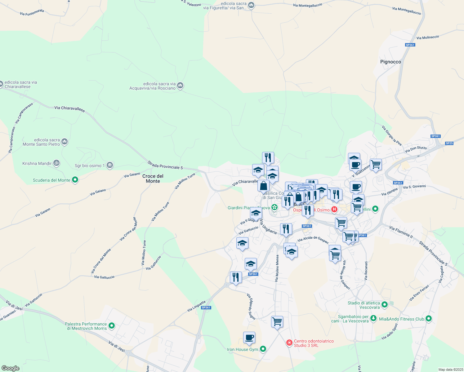 map of restaurants, bars, coffee shops, grocery stores, and more near 21A Via Chiaravallese in Osimo
