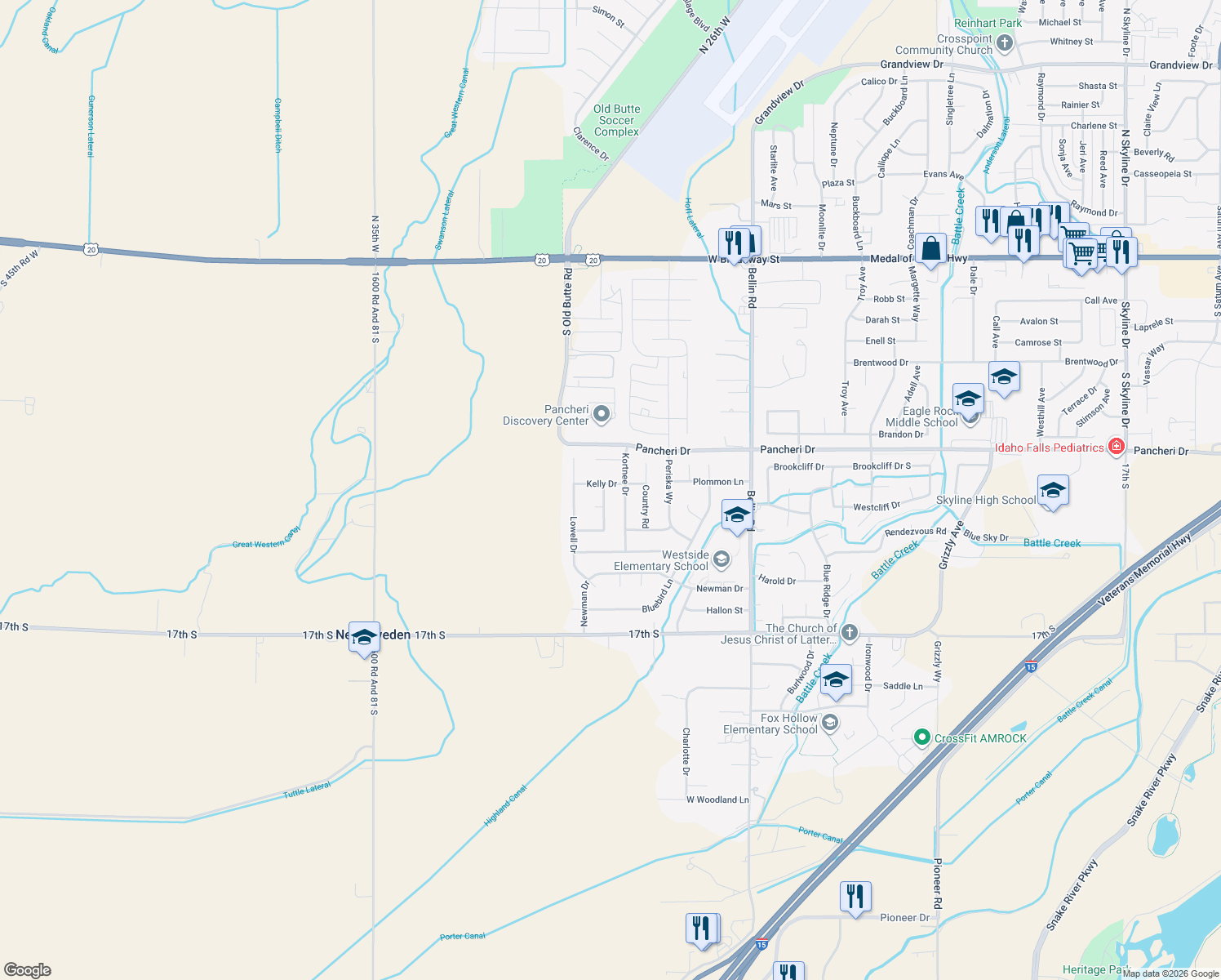 map of restaurants, bars, coffee shops, grocery stores, and more near 1087 Caysie Lane in Idaho Falls